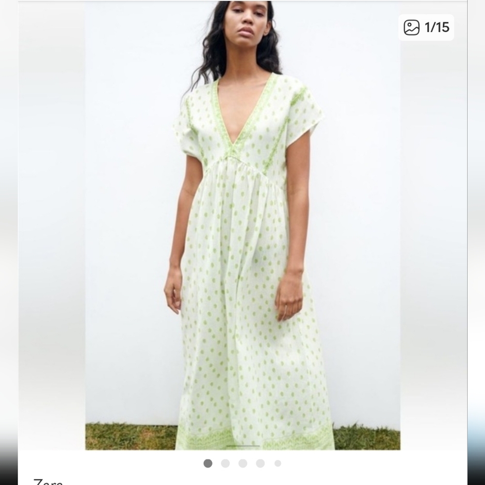 Zara Embroidered Rustic Tunic Green Floral Maxi Dress Size Small